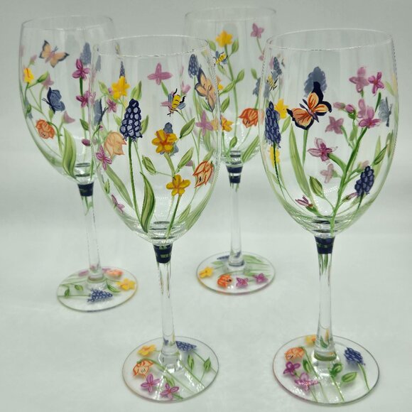 Vintage Block Basics Secret Garden Hand Painted Wine Goblet Glasses Set of 4 - Picture 2 of 5